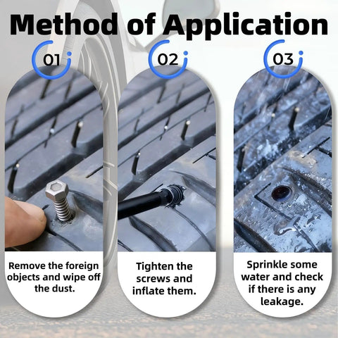 Method of application for Self Sealing Tire Plug Kit With Two Sizes Rubber Nails And Screwdriver For Cars Motorcycles Trucks And Tractors Pro Vacuum Tire Repair Set 50 Piece Set, showing steps and installation sequence.