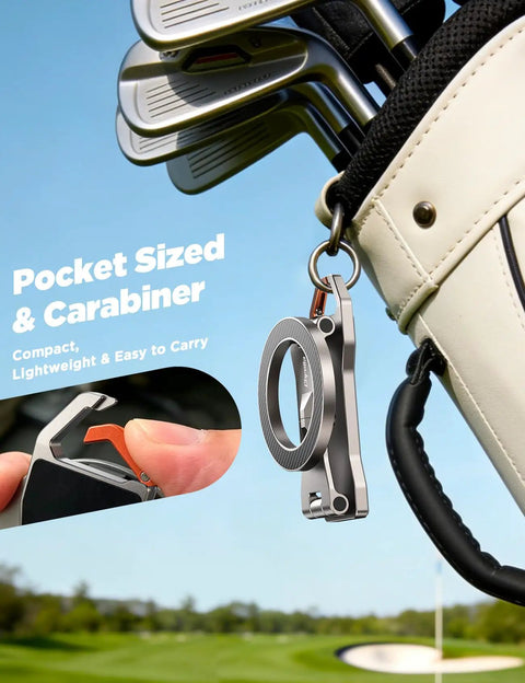 Compact golf accessory with carabiner attached to golf bag, focus on portable design for convenience on the course.