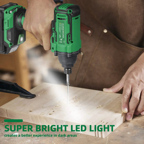 Using Compact 20V Max Cordless Impact Driver Kit With 1060 In-Lbs Torque on wood, LED light illuminating the work area.