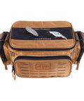 Guide Series 3500 Soft Tackle Bag With Five 3500 Stowaway Boxes in khaki, top view showing tackle storage with rugged 1680 Denier fabric.