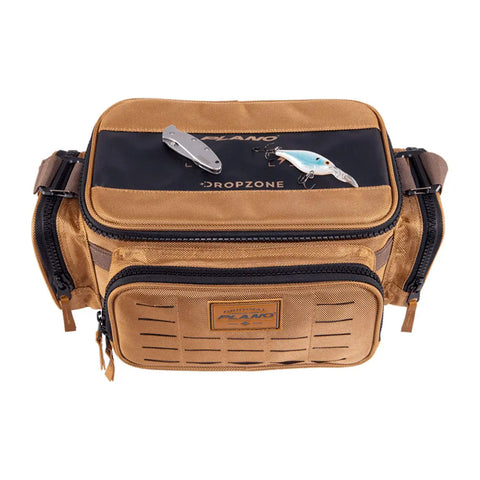 Guide Series 3500 Soft Tackle Bag With Five 3500 Stowaway Boxes in khaki, top view showing tackle storage with rugged 1680 Denier fabric.