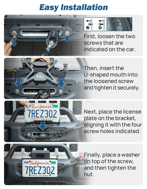Universal Flip Up License Plate Mount For 10 Inch Hawse Fairlead Front Bumper Fits Off Road Pickup Trucks RVs Winch Ready License Plate Bracket Front End Mount Easy Install: installation steps