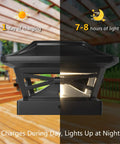 Slate black solar post cap light on wooden deck, 25 lumen LED, auto on at night, energy saving outdoor lighting.