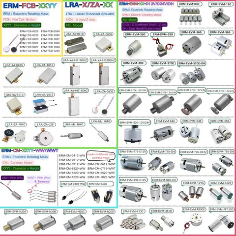 Various models of vibration motors including Ultra Tiny Mini Linear Resonant Actuator Vibe Motor 10x16x3.5mm 1.2V 100mA 130Hz LRA BLDC.