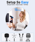 Woman assembling Ergonomic Mesh Office Chair for Home Office With Flip Up Armrests with drill, 15-minute setup guide shown