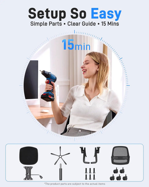Woman assembling Ergonomic Mesh Office Chair for Home Office With Flip Up Armrests with drill, 15-minute setup guide shown