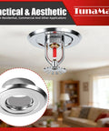 Sleek Recessed Fire Sprinkler Escutcheon Trim Ring Covers 1/2 Inch Ips Pipes To Hide Ugly Hardware In Any Residential Or Commercial Space Quick Snap On Design For Hassle Free Install And A Clean Modern Look, featuring a chrome finish in a living room setting.