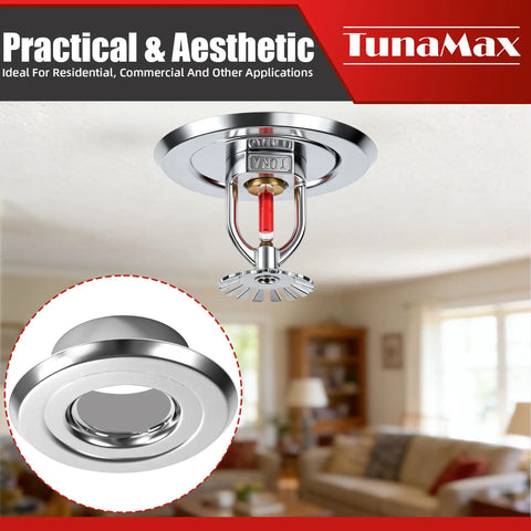 Sleek Recessed Fire Sprinkler Escutcheon Trim Ring Covers 1/2 Inch Ips Pipes To Hide Ugly Hardware In Any Residential Or Commercial Space Quick Snap On Design For Hassle Free Install And A Clean Modern Look, featuring a chrome finish in a living room setting.