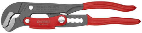 Rapid Adjust Swedish Pipe Wrench 12 Inch Quick Button Adjustment tool with angled S shaped jaw and red beefy grip