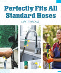 Innconee faucet hose adapter kit with clamps for 3/4-inch hoses; shown attached to kitchen faucet and garden hose.