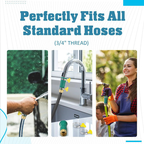 Innconee faucet hose adapter kit with clamps for 3/4-inch hoses; shown attached to kitchen faucet and garden hose.