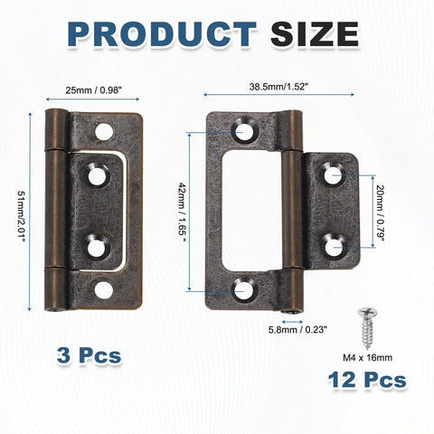 Hella Sturdy 3 Pack Non Mortise Door Hinges Two By One Inch Bifold Butts With Red Copper Finish size chart with dimensions.