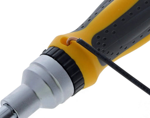 Close-up of Pro Grade 9-In-1 Ratcheting Nut Driver And Screwdriver Set for Electricians, showing grip handle and ratcheting mechanism.