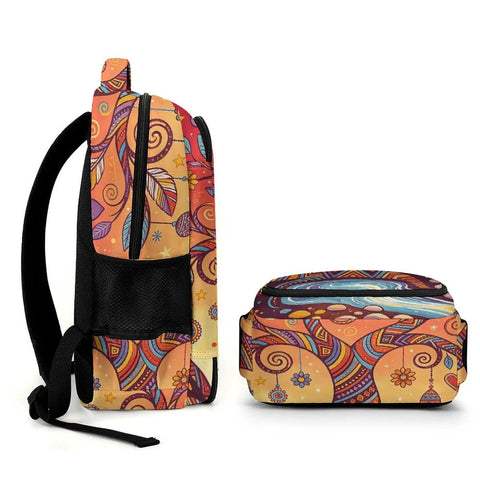 Dope Swirl Tree Moon Print Unisex Backpack with large capacity and tribal design, durable polyester side and bottom view