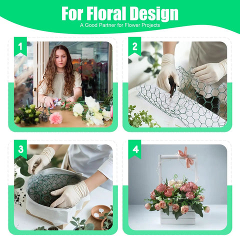 Image collage showcasing floral design using Green PVC Coated Chicken Wire Netting With Galvanized Core Hexagonal Mesh 15.7 By 90.5 Inches Built To Last Heavy Duty Poultry Fence For Garden Animals Crafts And DIY Projects.