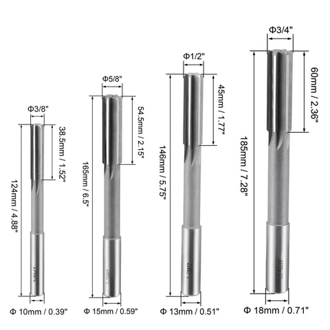Chucking Reamer Set 3/8 1/2 5/8 3/4 Inch H7 Accuracy Pro Grade High Speed Steel Lathe Reamers With 6 Straight Flutes And Round Shank