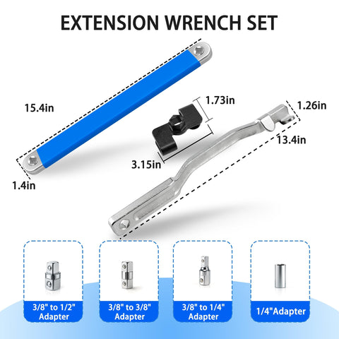 Offset Extension Wrench for Deep Reach Mechanics Set With Durable Chain Drive and High Hardness Steel Go To Workhorse Universal Compatibility Includes Three Color Wrench Extenders and Four Size Adapters For Maximum Torque 53 ft and 0 Degree Swing