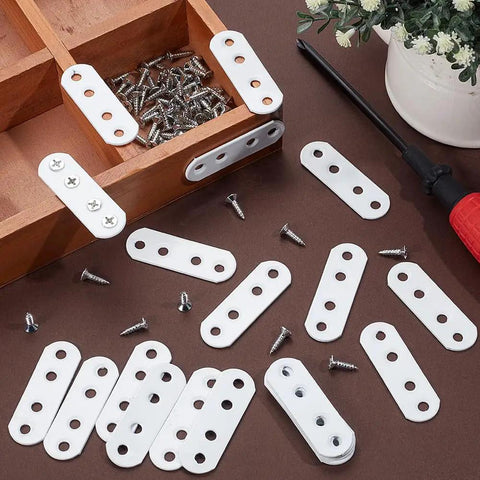 DIY Furniture Fix Kit White Metal Flat Brackets For Tables And Chairs 20 Plates With 80 Screws on wooden surface