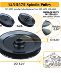 125-5575 spindle pulley dimensions diagram with front and back views, measurements highlighted for mower part replacement compatibility.
