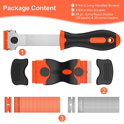 Three Pack Razor Blade Scraper Set With 60 Blades Long Handle Double End Plastic Scrapers And Metal Blades For Glass Windows