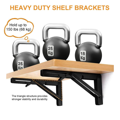 10 Inch Folding Shelf Brackets Pack of 2 supporting kettlebells mounted under wooden shelf