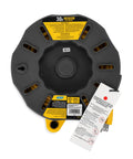 30 Ft RV Extension Cord Reel With 10 Amp Capacity, shown with labels and plug details, 125V 1250W, four 125V outlets visible