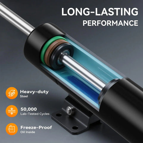 Close-up detailed view of 10 Inch 40 Lb Gas Struts Set Of 2 For Truck Tool Box showing heavy-duty steel and freeze-proof oil design.