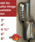 6 Inch Weld On Bullet Hinge With Steel Body And Pin Brass Bushing Grease Zerk Fitting Heavy Duty Construction For Gates BBQ Smokers Tailgates And Automotive Applications Model 49753 welded to steel surface