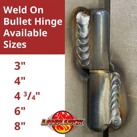 6 Inch Weld On Bullet Hinge With Steel Body And Pin Brass Bushing Grease Zerk Fitting Heavy Duty Construction For Gates BBQ Smokers Tailgates And Automotive Applications Model 49753 welded to steel surface