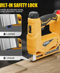 Built-in safety lock on Smooth Shooting 21V Cordless 3-In-1 Brad Nailer And Staple Gun Bundle ensures precision control and prevents accidents.