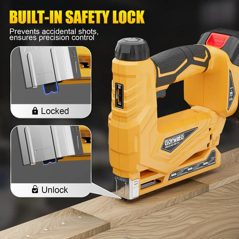 Built-in safety lock on Smooth Shooting 21V Cordless 3-In-1 Brad Nailer And Staple Gun Bundle ensures precision control and prevents accidents.