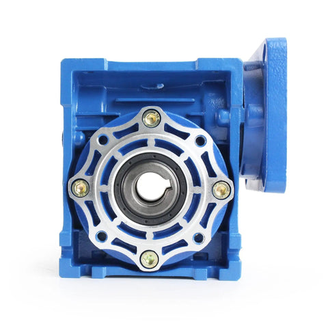 Front view of 40 To 1 NMRV040 Worm Gearbox Reducer for NEMA 34 Stepper and Servo Motors with blue aluminum casing and flange