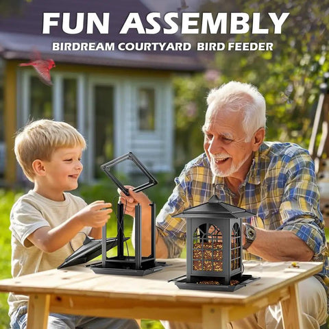 Two Pack Outdoor Hanging Bird Feeders With One Minute Easy Assembly Classic Courtyard Design Black on table with people