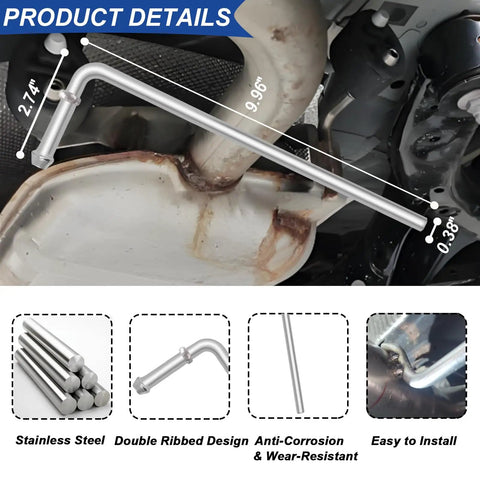 Universal Exhaust Hanger Rod Set 4 Pieces 10 Inch Long 304 Stainless Steel Muffler Hangers installed on vehicle exhaust system