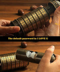 Two hands hold Da Vinci Code Inspired Mini Cryptex Lock Puzzle Box With Hidden Compartments A Dope Romantic Gift For Her Or Him