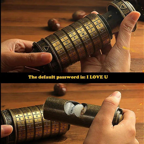 Two hands hold Da Vinci Code Inspired Mini Cryptex Lock Puzzle Box With Hidden Compartments A Dope Romantic Gift For Her Or Him