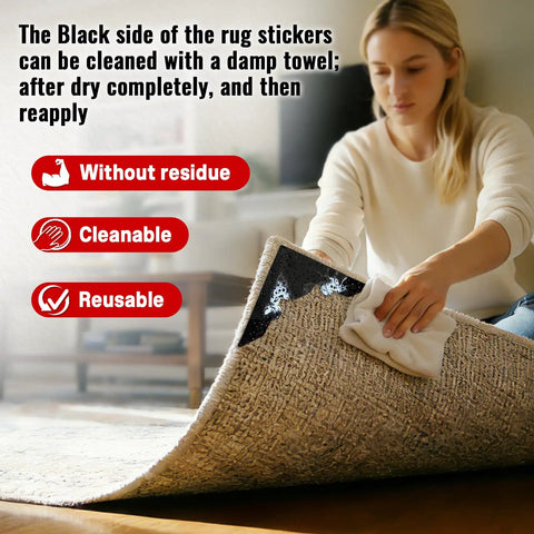 Non Slip Rug Grippers Corner Tapes Set That Will Not Damage Floors being applied under area rug on hardwood, reusable feature shown