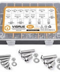 197Piece SAE Hex Button Head Screw Set With 1/4-20 5/16-18 3/8-16 Bolts, Washers And Nuts, 304 Stainless Steel Hardware Kit Including 12 Sizes For DIY Projects And Professional Repairs in a plastic case.