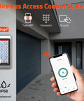 Wireless Keypad Access Control System with Weatherproof Metal Build next to garage, showcasing Tuya app on smartphone for control.