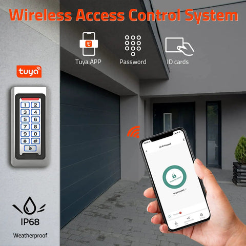 Wireless Keypad Access Control System with Weatherproof Metal Build next to garage, showcasing Tuya app on smartphone for control.