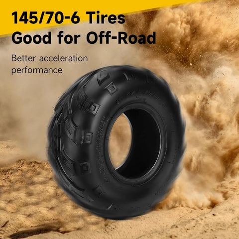Tubeless 145/70-6 mini bike tire for Coleman CT100U Baja Doodle Bug DB30 showcasing off-road tread in sand