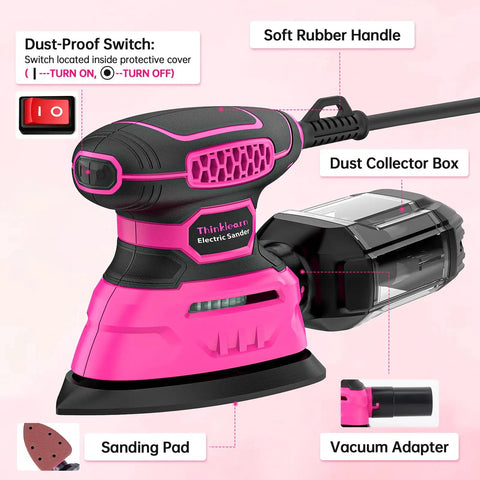 Detail Sander 13000 RPM Compact Electric Sanding Tool With 1 2A 140W Motor featuring pink body and dust collection box