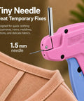 Handheld Stitch Gun For Clothes Featuring No Sew Hemming And Tagging With Six Strong Needles And Two Thousand Micro Fasteners, 1.5mm needle on clothing.