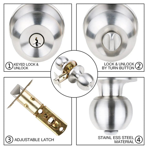Stainless Steel Door Knob With Lock And Key For Bedroom Doors Ball Style Doorknob With Satin Nickel Finish All Metal Construction Includes Three Keys