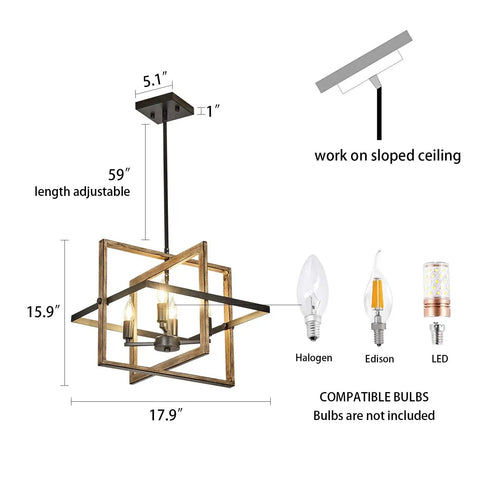 Four-Light Farmhouse Chandelier With Imitation Wood Grain And Matte Black Finish, compatible bulbs shown
