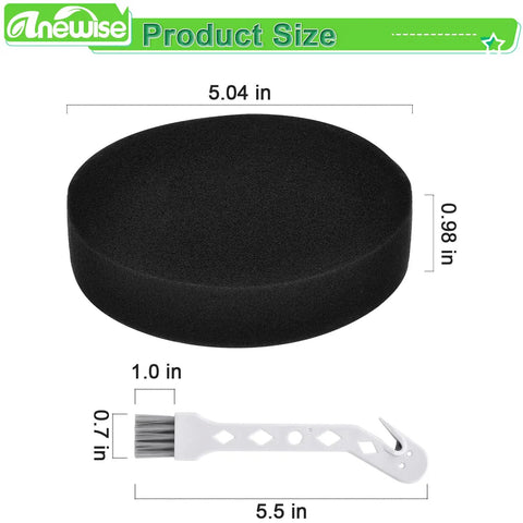 4 Pack Replacement Vacuum Filters For Bissell PowerForce Helix Turbo And Cleanview Swivel Rewind Upright Vacuums Model 1640811 Compatibility, featuring foam filter with dimensions 5.04 x 0.98 inches and cleaning brush 5.5 inches, shown in size diagram.