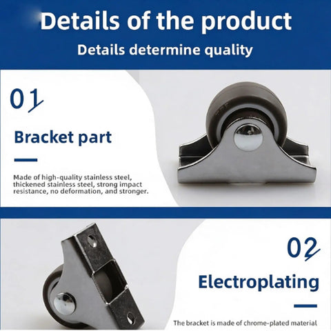 Close-up of Dead Quiet Low Profile Caster Wheels Four Pack Rock Solid Furniture Casters with durable stainless steel bracket.