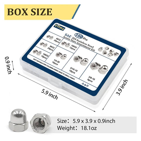 Durable 304 Stainless Steel Acorn Nuts Assortment Kit in box with labeled sizes, hex cap nuts, bolt caps, and dimensions