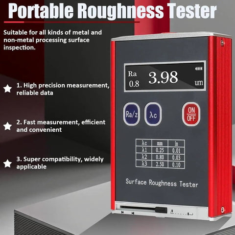Portable Roughness Tester On The Go With Ultra High Precision 0.01 μm shown on a metal surface, front view, displaying measurements.