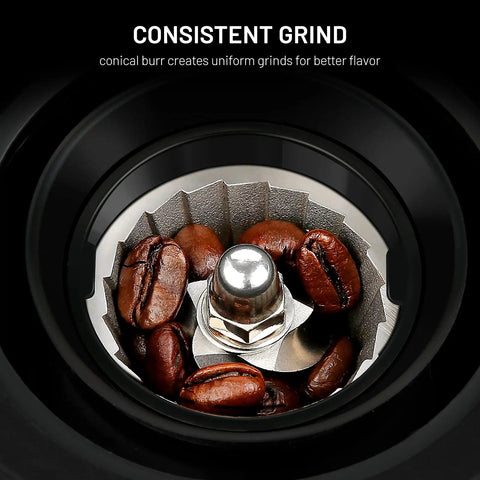 Heavy Duty Electric Conical Burr Coffee Grinder With 35 Dial In Settings And A Spacious Bean Hopper showing conical burr with coffee beans.